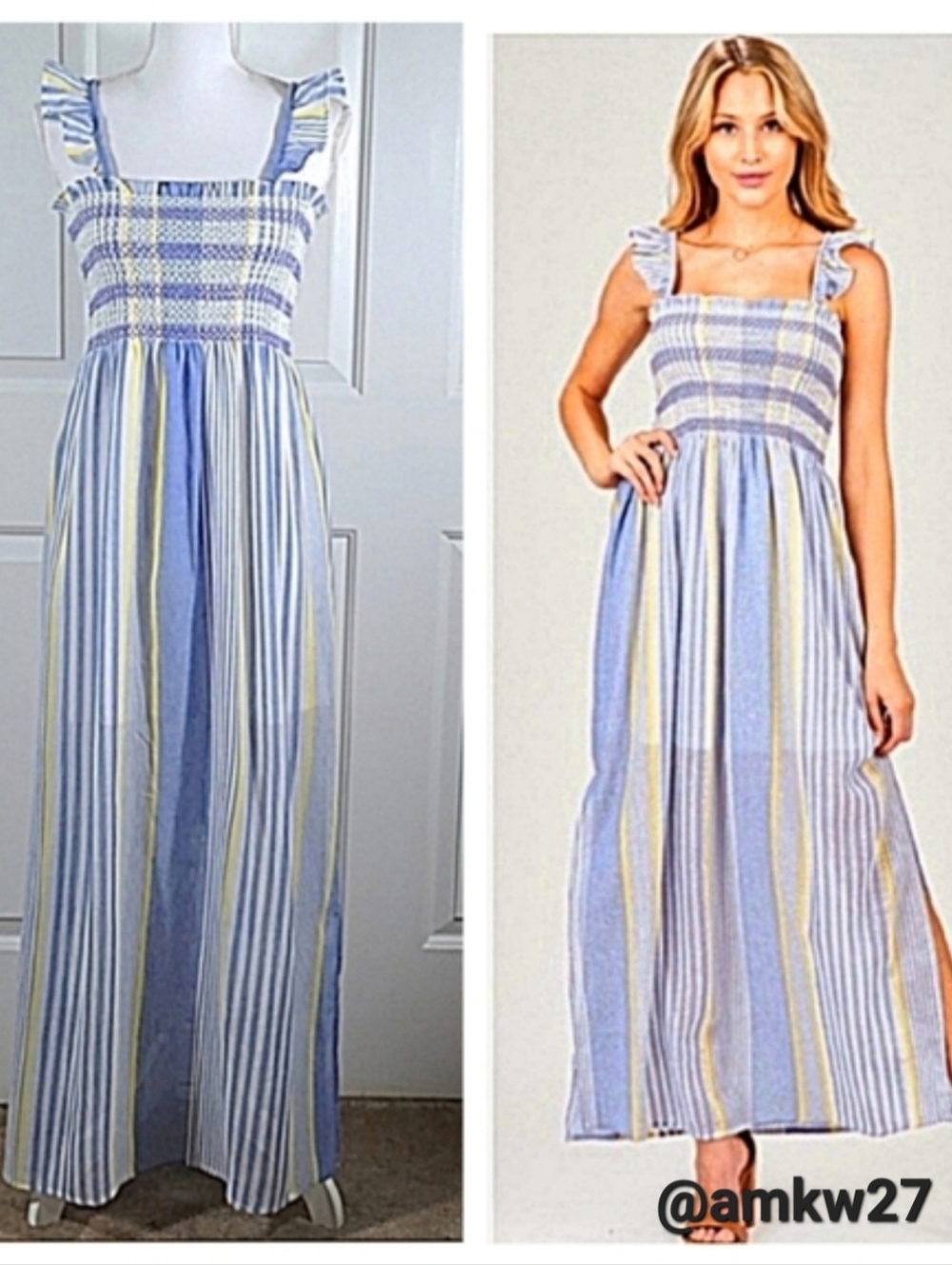 NWT Cotton Maxi Dress Sundress w/ Ruffle Straps Striped Blue Yellow & White - Picture 10 of 17